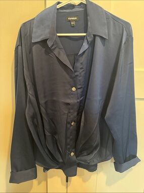 Express Navy Satin Button-Up Blouse with Silver Buttons